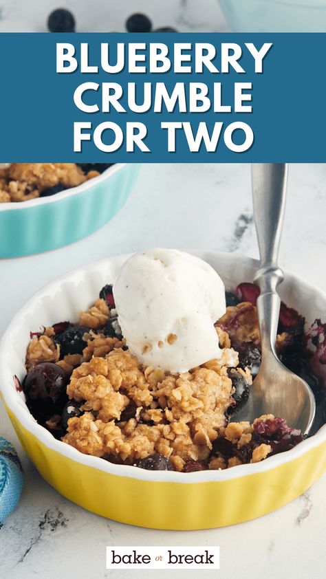 This blueberry crumble for two pairs jammy blueberries with an irresistible cinnamon-spiced oat topping for a summery small-batch dessert! Ramekin Recipes Dessert For Two, Blueberry Cobbler Small Batch, Blueberry Dessert For Two, Small Batch Blackberry Cobbler, Small Batch Blueberry Crisp, Single Serving Blueberry Crisp, Simple Blueberry Cobbler, Blueberry Crisp For One, Small Blueberry Cobbler