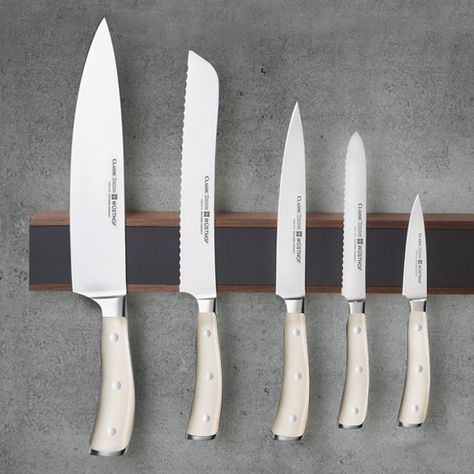 Shop for exclusive Wusthof Ikon Knives with off-white creme colored handles. Only available at Cutlery and More. We are your premier source for Wusthof knives and cutlery. Free 2-day shipping. Knife Black And White Aesthetic, Xacto Knife Storage, Wusthof Knives, Chef Knives Set, Kiridashi Knife, Creme Color, Knife Collection, Magnetic Knife Strip, Knife Sets