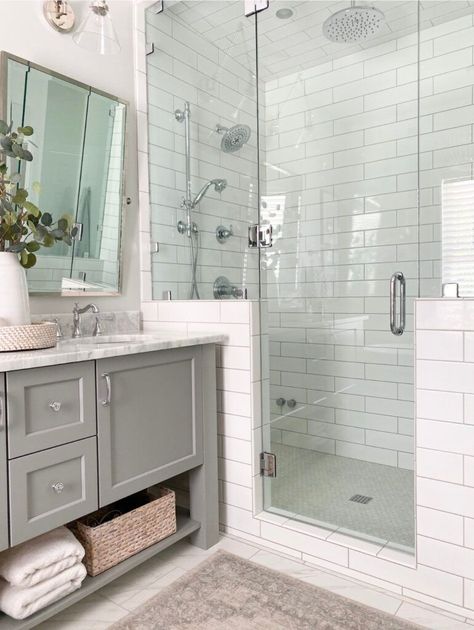 Half Wall Shower, Knee Wall, Pony Wall, Light Grey Walls, Transitional Bathroom, Coastal Bathrooms, Shower Niche, Bathroom Remodel Shower, Steam Showers