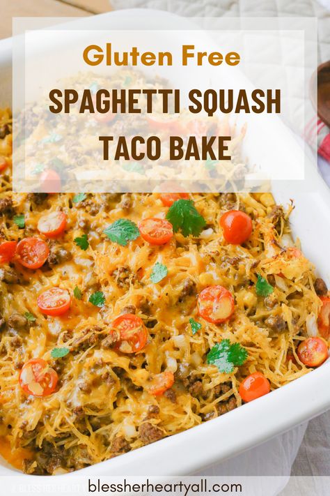 Low carb Spaghetti Squash Taco Bake roasts fluffy spaghetti squash and melts it into seasoned ground meat, tomatoes, onion, corn, beans, and tops it off with melty cheese and fresh cilantro for the perfect healthy taco-inspired casserole! #glutenfreerecipe #healthyfood #dinnertonight Health Spaghetti Squash Recipes, Taco Spaghetti Squash Casserole, Spaghetti Squash Recipes Taco, Taco Stuffed Spaghetti Squash, Ground Beef And Spaghetti Squash, Taco Spaghetti Squash Recipes, Spaghetti Squash Taco Bake, Recipes With Spaghetti Squash, Spaghetti Squash Hashbrowns