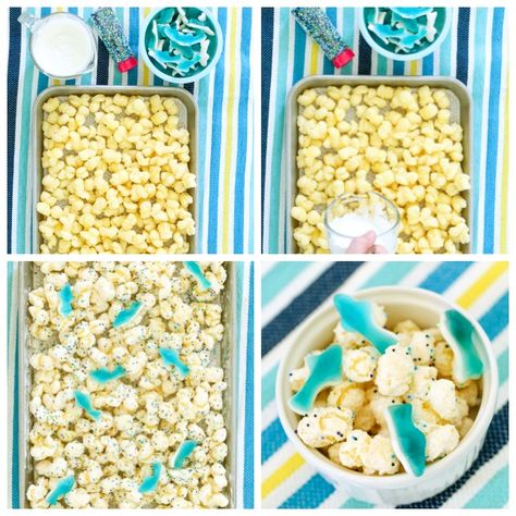 Shark Bait Snack Mix Kids Snack Mix, Shark Snacks, Snack Mix Recipe, Pretzel Snacks, Gluten Free Candy, Shark Bait, Popcorn Snacks, Ice Cream Floats, Snack Mix Recipes