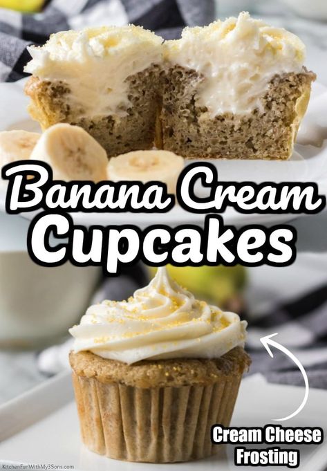 These Banana Cream Cupcakes are moist banana cupcakes that are made with ripe bananas and filled with a banana cream cheese frosting.  What a delicious treat! These cupcakes are perfect for anyone who loves banana cake. These perfectly portioned banana cupcakes are going to become a family favorite. Banana Cream Cupcakes, Banana Cream Cheese, Cream Filled Cupcakes, Banana Cupcakes, Cream Cupcakes, Cupcakes With Cream Cheese Frosting, Banana Chocolate Chip Muffins, Banana Dessert, Cupcake Icing