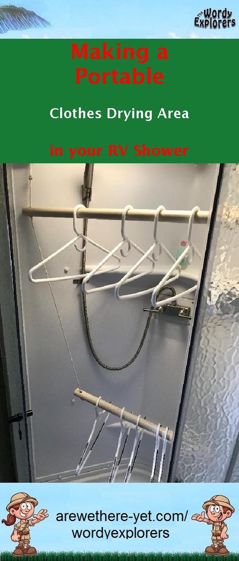 We just weren't happy with hanging our wet swimsuits over the shower or backs of chairs to let them dry. When we had even more wet clothes there was definitely nowhere in the RV to hang them. That was until I "invented" our clothes drying rod that fits perfectly in our shower. Check out this easy to make hack that has been a great addition and perfectly portable too! #WordyExplorers #RVhacks #goRVing #camping #RVlife (Camping RV RV Hacks Where to Dry Wet Clothes in your RV Make your own Drying R Rv Drying Rack, Camper Updates, Outdoor Clothes Lines, Clothes Dryer Rack, Kangoo Camper, Plastic Clothes Hangers, Rv Bathroom, Diy Rv, Camping Rv