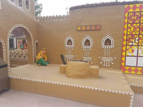 Punjab Village House, Theme Restaurant, Cute Backgrounds For Iphone, Janmashtami Decoration, Ganapati Decoration, Decoration For Ganpati, India Home Decor, Mud House, Wall Art Diy Paint