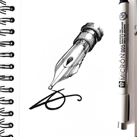 Ink Drawing Calligraphy Pen Drawing, Fountain Pen Tattoo, Fountain Pen Art, Fountain Pen Drawing, Pen Ink Drawing, Cute Drawlings, Pen Tattoo, Writing Tattoos, Object Art