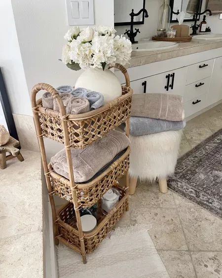 Bath Towel Storage Basket, Bathroom Basket Shelves, Bathroom 3 Tier Stand Decor, Washcloth Basket Bathroom, 3 Tier Basket Stand Ideas Bathroom, Bathroom Caddy Ideas Organizations, Towel Storage For Small Bathroom Baskets, Bathroom Sink Basket, Tiered Bathroom Stand