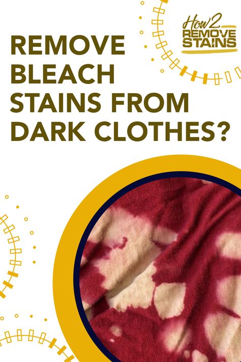 Bleach is a common household substance used in a variety of ways. It helps germs from thriving on different surfaces. In white clothes, you can use it... - Find the answer at How2RemoveStains.com How To Get Bleach Out Of Clothes, Bleach Stains On Clothes, Remove Bleach Stains, Diy Stain Remover, Bleaching Clothes, Oxygen Bleach, Stain On Clothes, Laundry Tips, Dark Clothes