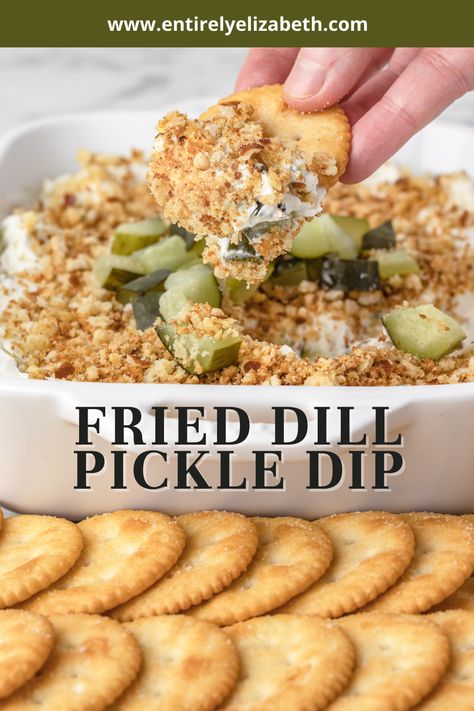 This Fried Dill Pickle Dip tastes exactly like a fried dill pickle dipped in ranch! It takes 10 minutes to whip up and is the perfect crowd pleasing appetizer. Best Dips And Appetizers, Deep Fried Dill Pickle Dip, Cheesy Fried Pickle Dip, Cheesy Baked Ranch Pickle Dip, Dip For Ritz Crackers Simple, Fried Pickles Dip, Dips And Appetizers Recipes, Best Chips And Dip, Dill Pickle Dip With Ranch Seasoning