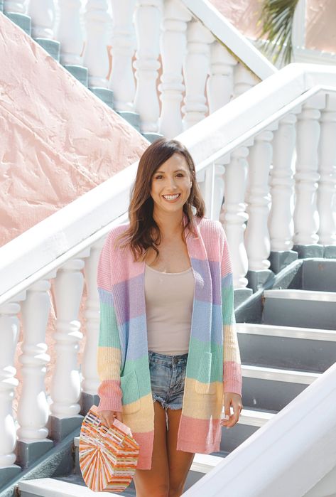 Pink Lily pastel rainbow stripe cardigan, One Teaspoon shorts, Marc Fisher wedges, Vince nude bodysuit, Cult Gaia rainbow dupe Rainbow Inspiration, Teaspoon Shorts, Rainbow Cardigan, Creative Outfits, One Teaspoon Shorts, Stripe Cardigan, Rainbow Outfit, Stripe Outfits, Wardrobe Accessories