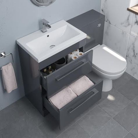 Toilet Vanity Unit, Grey Vanity Unit, Toilet And Sink Unit, Toilet Basin, Small Shower Room, Grey Bathroom Furniture, Sink Vanity Unit, Small Bathroom Layout, Freestanding Vanity Unit