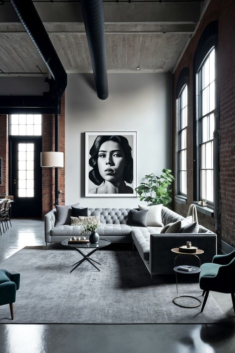 Feminine Loft Apartment, Industrial Warehouse Home, Industrial Penthouse, Lots Of Natural Light, Converted Warehouse, Black Living, Warehouse Home, Loft Industrial, Black Living Room