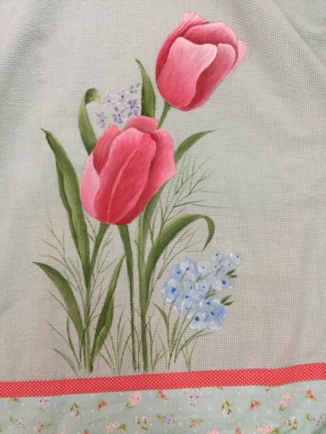 Painted tulips Fabric Paint Ideas, Handpainted Suits, Tulip Fabric Paint, Dupatta Painting, Painted Tulips, Painted Dupatta, Tulip Fabric, Fabric Paint Diy, Painting Fabric