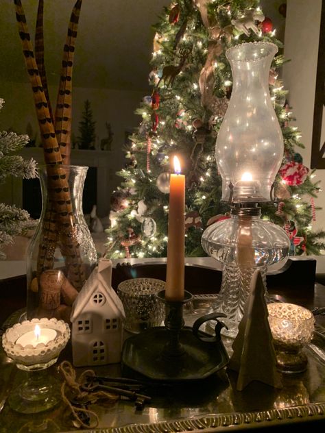 Oil Lamp Christmas Decor, Oil Lamp Decor, Pewter Candlesticks, Dining Room Table Centerpieces, Pheasant Feathers, Lamp Decor, Oil Lamps, White Houses, Winter Decor