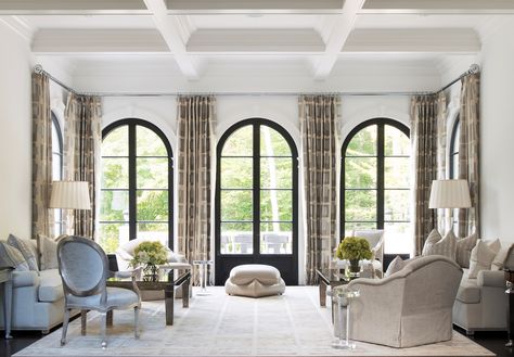 Living Room with Coffered Ceilings & Black Archtop Windows Black Arched Windows Living Room, Arched Black Windows, Large Arch Windows Living Room, Arched Windows And Doors, Arched Windows Living Room, Modern Windows Exterior, Great Room Windows, Curtains For Arched Windows, Aspen Hotel