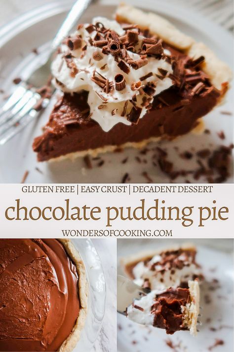 Chocolate Pudding Pie Easy Gluten Free Pie, Gluten Free Chocolate Pie, Gluten Free Pie Crust Recipe, Gf Thanksgiving, Chocolate Pie Filling, Chocolate Pudding Pie, Melted Chocolate Chips, Gluten Free Brownies Recipe, Chocolate Pie With Pudding