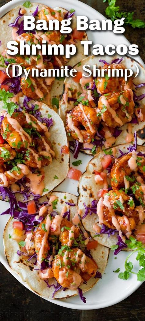 This contains: Bang Bang Shrimp are crispy, creamy, sweet, and spicy. They are so satisfying served as Bang Bang Shrimp Tacos drizzled with that famous sauce. Grilled Shrimp Tacos Recipe, Bang Bang Shrimp Tacos, Shrimp Taco Recipe, Grilled Shrimp Tacos, Deep Dish Pizza Recipe, Shrimp Taco, Shrimp Taco Recipes, Bang Bang Shrimp, Seafood Recipes Healthy