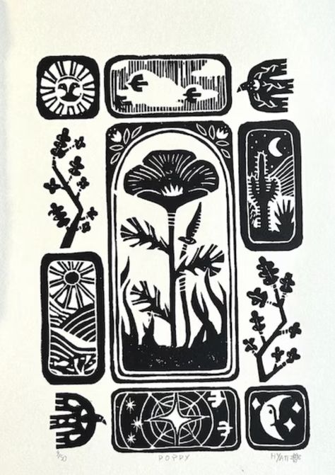 Poppy Linocut, Eraser Stamp, Linoleum Print, Linocut Printmaking, California Native Plants, Lino Art, Linocut Art, Tableau Art, Optical Illusion