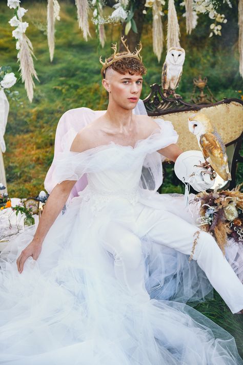 Gender-Neutral Fairytale Wedding Inspiration · Rock n Roll Bride Wedding Dresses Nonbinary, Wedding Suits Nonbinary, Men’s Wedding Dress, Unisex Wedding Outfit, Queer Wedding Dress, Men In Wedding Dresses, Men In Dresses Aesthetic, Man In Wedding Dress, Gay Wedding Dress