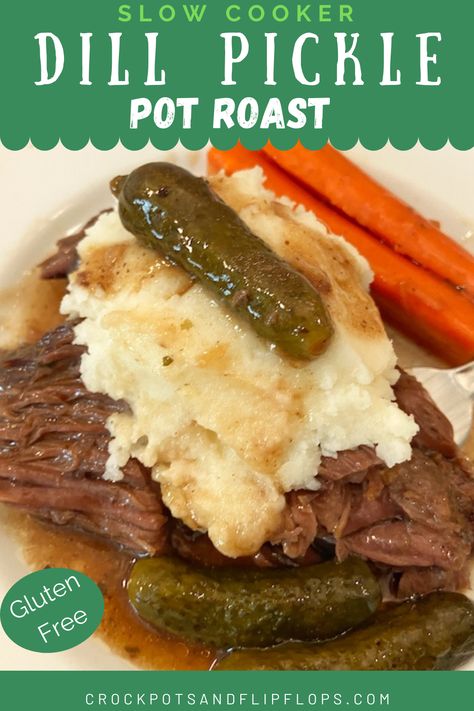 Make this easy 4 ingredient pot roast recipe in your slow cooker! Gluten free Dill Pickle Roast, Dill Pickle Pot Roast, Pickle Roast, Pickle Pot Roast, Flavorful Pot Roast, Beef Roasts, Pot Roast Recipe, Slow Cooker Recipes Beef, Crockpot Roast