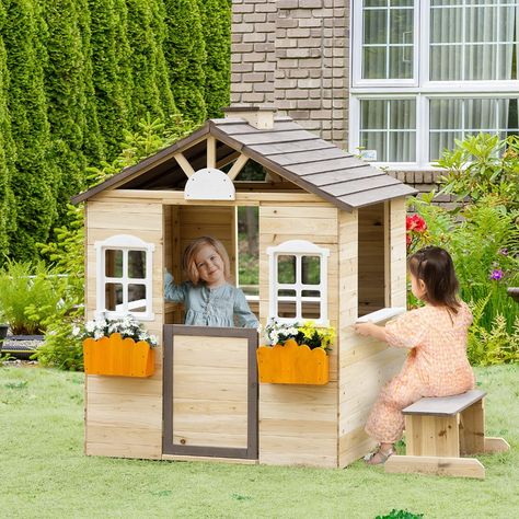 Amazon.com: Outsunny Wooden Playhouse for Kids Outdoor Garden Pretend Play Games, Adventures Cottage, with Working Door, Windows, Bench, Service Station, Flowers Pot Holder, for 3-7 Years Old : Toys & Games Playhouses For Kids Outdoor, Kids Wooden Playhouse, Playhouse For Kids, Outside Playhouse, Toddler Playhouse, Outdoor Playhouse, Flowers Pot, Wendy House, Playhouse Outdoor