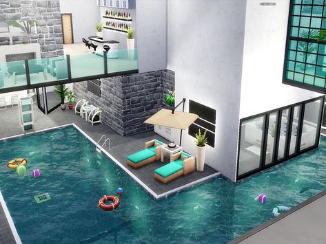 Sims House With Pool, Sims 4 Sunken Living Room, Sims Underground House, The Sims 4 Basement Ideas, Sims 4 Swimming Pool Ideas, Sims 4 Underground House, Sims 4 Pool House, Sims 4 Indoor Pool, Sims 4 Swimming Pool