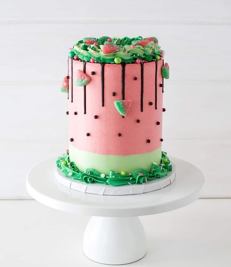 Brittany May Cakes on Instagram: “Watermelon cake! 🍉🍉🍉 This one’s made up of 5 layers chocolate cake, caramel Swiss meringue buttercream, chocolate ganache and Skor bits! 😊…” Chocolate Cake Caramel, Modern Cake Stand, Summer Birthday Cake, Buttercream Chocolate, Watermelon Birthday Parties, Happy Fruit, Watermelon Cake, Modern Cakes, Watermelon Birthday