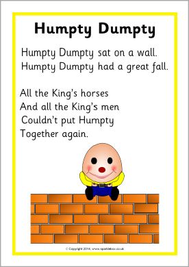 Humpty Dumpty rhyme sheet (SB10738) - SparkleBox Rhyming Poems For Kids, Nursery Rhyme Crafts, English Poems For Kids, Preschool Poems, Nursery Rhymes Poems, Rhymes Lyrics, Nursery Rhymes Lyrics, English Rhymes, Nursery Rhymes Preschool