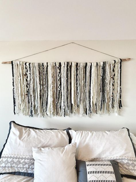 Art Behind Bed, Behind Bed Decor, Navy Bedroom, Braided Yarn, Wall Hanging Lights, Macrame Headboard, Driftwood Wall Art, Yarn Wall, Bohemian Wall Hanging