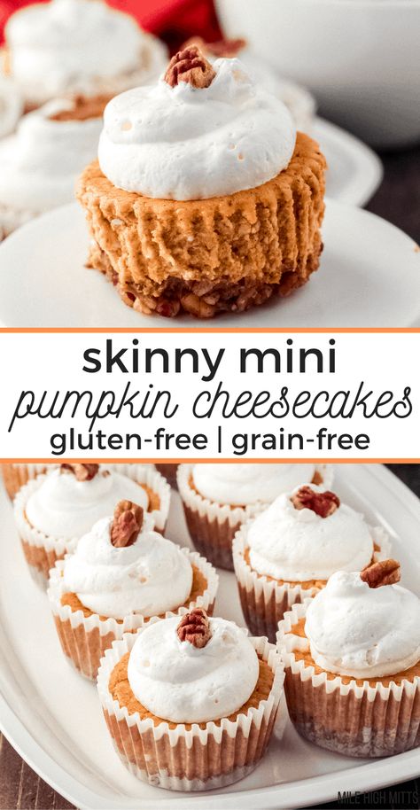 Looking for a healthy Thanksgiving dessert? These Skinny Mini Pumpkin Cheesecakes are gluten-free, grain-free and naturally sweetened with maple syrup or honey. They have a crunchy pecan crust on the bottom, with a pumpkin cheesecake filling on top. Made in mini form in a muffin tin, for an easier treat to make and serve! Pumpkin Cheesecakes, Healthy Holiday Desserts, Pecan Crust, Mini Pumpkin Cheesecake, Gluten Free Thanksgiving, Gluten Free Cheesecake, Healthy Thanksgiving, Duncan Hines, Gluten Free Brownies