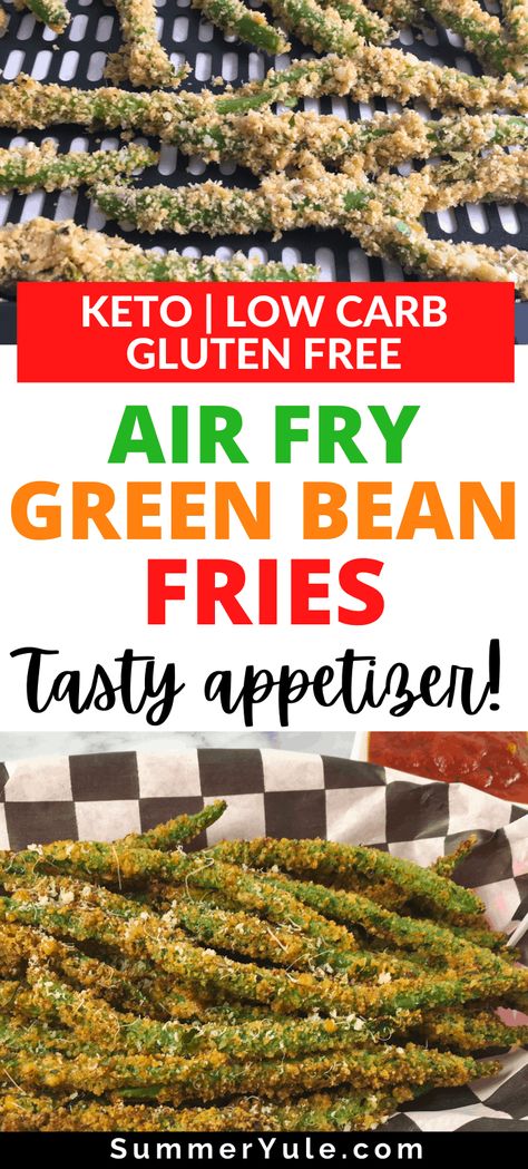 How do you air fry green beans? Let me show you! These crispy air fryer green bean fries are a DELICIOUS way to enjoy this non-starchy vegetable. You’ll love that these low carb keto green bean fries with pork rinds have only 5.8 grams of net carbs per serving. Serve them up with warm marinara for a vegetable snack that everyone will want to eat! They air fry in only 3-5 minutes! #airfryer #airfrying #keto #lowcarb #lchf #glutenfree #porkrinds #greenbeans #snack #sidedish #appetizerrecipes Lazy Keto Air Fryer Recipes, Keto Green Bean Recipes, Air Fried Green Beans Keto, Keto Fried Green Beans, Keto Green Bean Fries, Air Fry Fresh Green Beans, Crispy Air Fried Green Beans, Keto Air Fryer Green Beans, Air Fried Green Beans Fries