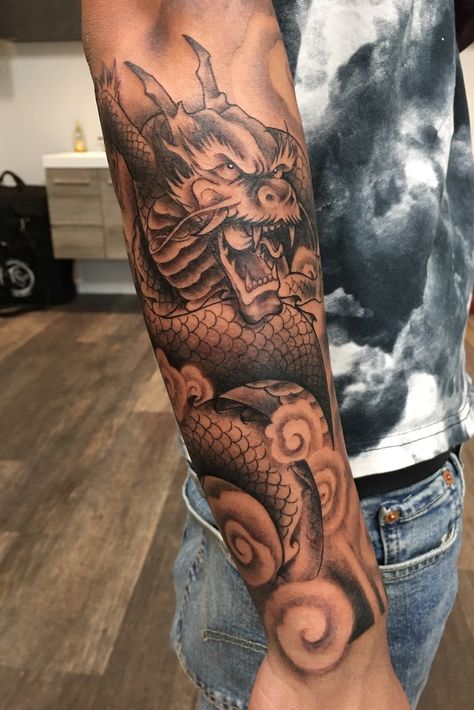 Water Forearm Tattoo, Chinese Dragon Tattoos Men, Dragon Tattoo Forearm Sleeve, Chinese Sleeve Tattoos, Quarter Sleeve Tattoo For Men, Mad Tattoo, Female Sleeve Tattoos, Dragon Tattoo Forearm, Japanese Forearm Tattoo