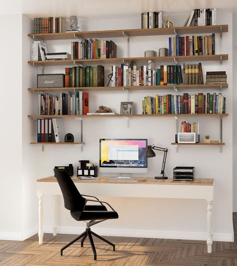 Achieve the perfect mix of productivity and style with our custom wall-mounted shelves. Organize your home office essentials and add a modern touch to your space with warm wood tones and white brackets. Design your ideal workspace now! 🌟 #officeorganization #stylishstorage #wallshelves #wallmountedshelves #bookshelves Office Wall Shelves, Warm Wood Tones, Office Shelving, Wall Mounted Bookshelves, Office Shelf, Shelving Solutions, Desks For Small Spaces, Wall Bookshelves, Design A Space