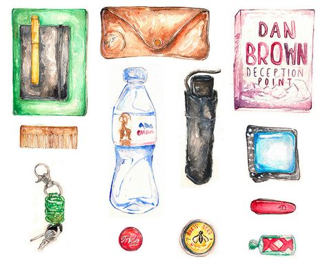 What's in my bag illustration by tatty boots Holly Exley, Japan Watercolor, Watercolor Food Illustration, Bag Illustration, Sketch Journal, Hampi, Drawing Style, Gcse Art, Sketchbook Journaling