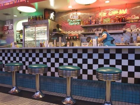 size: 24x18in Photographic Print: The 66 Diner Along Historic Route 66, Albuquerque, New Mexico by Michael DeFreitas : 1940s Diner, Haunted Theater, Old Motel, Cafe Designs, 60s Interior, Diner Aesthetic, 1950s Diner, 50's Diner, 50s Kitchen