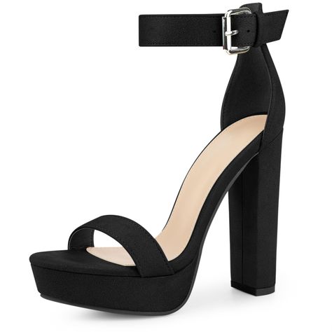 Black Block Heels For Prom, Heels Sandals Black, High Heel Sandals Outfit, Black Open Toe Heels, Fancy Heels, Ankle Strap Chunky Heels, Strappy Platform Sandals, Fashion Shoes Heels, Classy Shoes