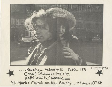 New York: Poetry Project , 1971. Offset. 11 x 8 1⁄2 in, framed to 20 x 16 in. Lines from folding into quarters; else near ne. Item #6102 A flyer for Patti Smith’s first poetry reading, opening for Gerard Malanga at the Poetry Project. The flyer features a charming portrait by Judy Linn of a coy Malanga and cheerful Smith posed together on the street.Smith writes of the reading in Just Kids: Poetry Projects, Vintage Blog, Poetry Reading, Patti Smith, Mood And Tone, Found Art, I'm With The Band, Visual Diary, Just Kidding