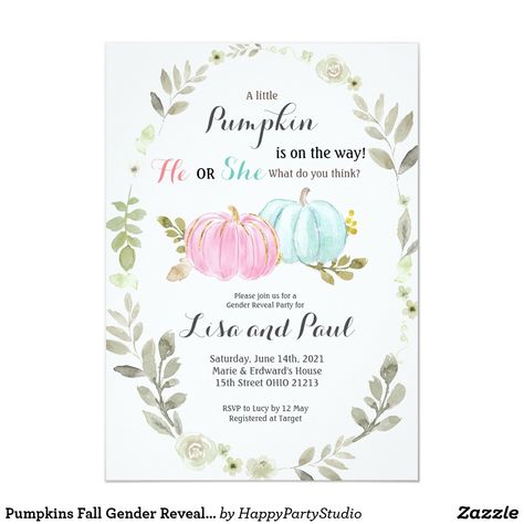 Pumpkins Fall Gender Reveal Invitation Pumpkin Gender Reveal, Couples Baby Shower Invitations, Autumn Pumpkins, Couples Baby Showers, Blue Invitation, Pink Baby Shower Invitations, Gender Reveal Cake, Blue Pumpkins, Gender Reveal Invitations