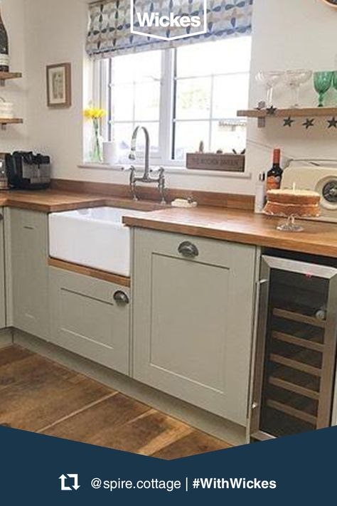 This classic Heritage Sage kitchen is styled beautifully Heritage Sage Kitchen, Wickes Heritage Sage, Sage Green Kitchen Wooden Worktop, Sage Kitchen, Country Cottage Kitchen, Sage Green Kitchen, Laundry Cabinets, Small Laundry Rooms, Countryside House