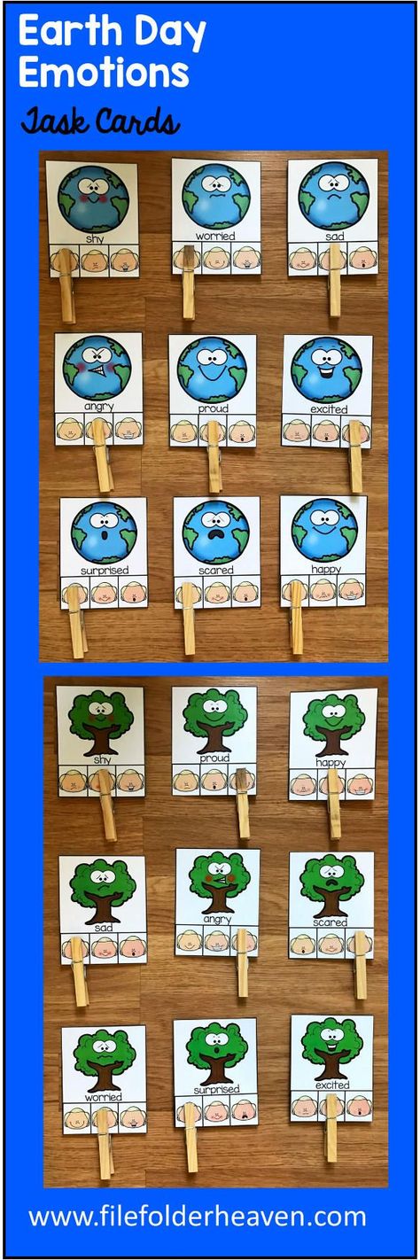 These Earth Day Emotions Task Cards are a fun and seasonal way for students to practice identifying emotions. There are three sets included: Earth Emotions, Tree Emotions, and Monkey Emotions for a total of 27 cards.  At a center, work station or small group, students practice identifying emotions by looking at each card and matching the earth/tree/monkey to the human emotion shown.  Students may clip (clothespins or paperclips) their answers, circle their answers with a dry erase marker. Recycling Activities For Kids, Asd Activities, Identifying Emotions, All About Earth, Tree Monkey, Speech Therapy Crafts, Recycling Activities, Toddler Lessons, Social Emotional Activities