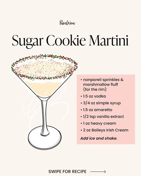 This sugar cookie martini is seasonal, sweet and full of sprinkles! 🍪🍸 Save this recipe to serve up at your next holiday gathering—and swipe ➡️ to see us whip up the festive cocktail! #cocktails #martini #holidaydrinks #sugarcookie Cute Martini Drinks, Girly Martini Recipes, Martini Garnish Ideas, Fancy Martini Recipes, Winter Martini Recipes Vodka, Sugar Cookie Espresso Martini, Winter Martini Recipes, Snowflake Martini Recipe, Martinis Recipe