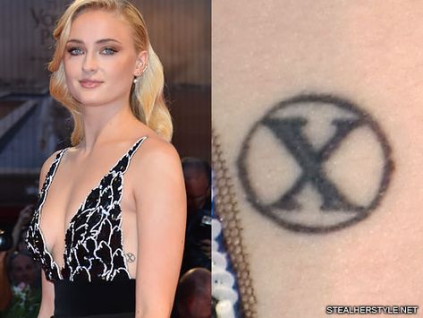 Sophie Turner Circle, Logo, x Side Tattoo | Steal Her Style Sophie Turner Tattoo, X Men Logo, X Men Movie, Logo X, Alexandra Shipp, Ribcage Tattoo, X Tattoo, Men Logo, Rabbit Tattoos