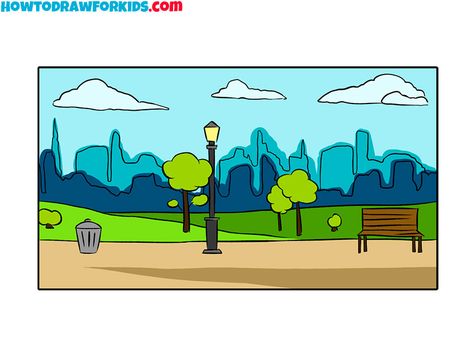 a beautiful park drawing Park Drawing Easy, Park Sketch, Park Drawing, Landscape Drawing Tutorial, Earth Drawings, Easy Drawing Tutorial, Drawing Tutorials For Kids, Coloring Supplies, Background Drawing