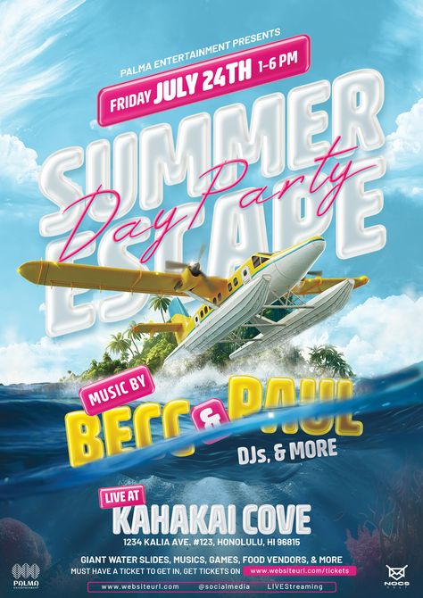 ☀️ Get ready to escape to paradise this summer! 🌴 Our vibrant and customizable flyer template features a seaplane that takes you to a hidden tropical island. With just a few clicks, you can make it your own and promote your summer-themed event in style. Available in both A4 and Instagram post format, this template will help you capture the essence of the season and attract your audience's attention! Summer Flyer Design, Summer Instagram Post, Yacht Summer, Summer Party Flyer, Instagram Post Design, Photoshop Flyer, Tropical Poster, Island Party, Graphic Design Styles