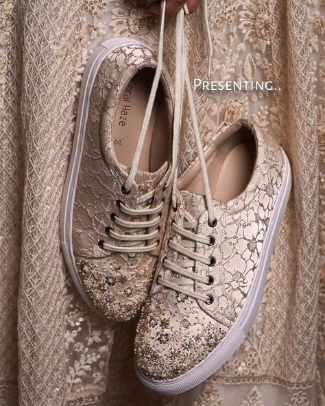 15 Super Stylish Sneakers For Brides & Where To Buy Them From! | ShaadiSaga Wedding Sneakers For Bride, Golden Sneakers, Bride Sneakers, Bridal Sneakers, Designer Bridal Lehenga Choli, Rainbow Sneakers, Indian Wedding Couple Photography, Diy Sneakers, Wedding Sneakers