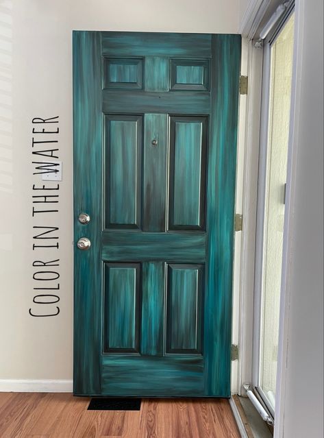 Turquoise Trim Interior Design, Turquoise Doors Interior, Teal Stained Wood, Distressed Doors Diy How To Paint, Painting Doors, Painted Doors Interior Creative, Distressed Doors, Teal Front Doors, Turquoise Front Door