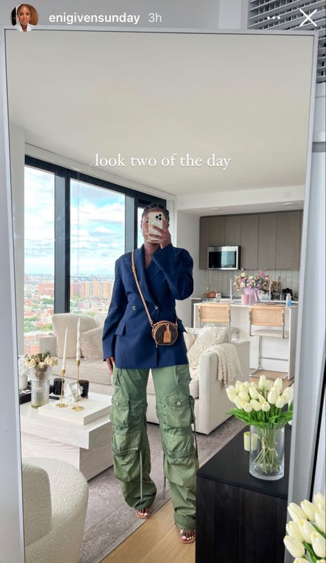 Cargo Pants Professional Outfit, Army Green And Navy Blue Outfits, Navy And Army Green Outfits, Cargo And Blazer Outfit, Cargos And Blazer Outfit, Mini Dress In Winter Outfit, Camo Pants And Blazer Outfit, Blazer And Cargo Pants Outfit, Green Cargo Pants Outfit Black Women