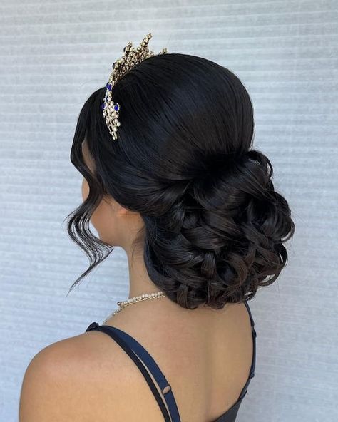 50 Pretty Updo Hairstyles for Long Hair Quinceanera Hair Updo, Updo Quince Hairstyles, Hair Updos For Quinceanera, Sweet 16 Updo Hairstyles With Tiara, Quinceanera Hairstyles Bun With Curls, 15 Hair Quinceanera Bun, Hair Up Quinceanera Hairstyles, Low Bun Quince Hairstyles, Quinceanera Hairstyles Updo Buns