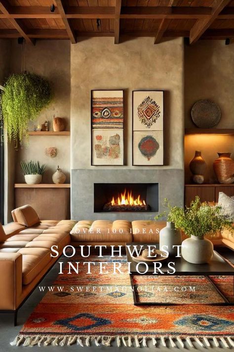 Transform Your Home with Southwest Interior Design - Sweet Magnoliaa New Mexico Interior Design Santa Fe Style, Adobe Walls Interior, Patagonia Interior Design, South West Living Room, Classy Southwest Decor, Ranch House Style Interior, Hacienda Style Fireplace, Southwestern Interior Design Living Room, Sedona Interior Design