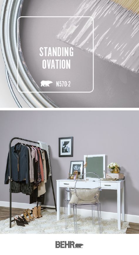 Behr Paint in Standing Ovation is a dusty, near-neutral shade of lilac that pairs beautifully with bright white accent colors and warm wood tones. This girl’s bedroom uses glam accessories to complement this light wall color and create a modern style. Click below for more home decor inspiration. Warm Wood Tones, Behr Paint, Standing Ovation, Colors For Home, Room Paint Colors, Bedroom Paint Colors, Interior Paint Colors, Paint Colors For Living Room, Wood Tones