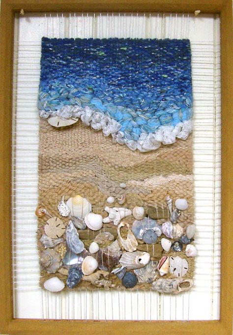 Martina Celerin Dimensional Weaving "Low Tide," another great work... Embroidery Waterfall, Water Tapestry, Art Fibres Textiles, Beach Shells, Weaving Loom Projects, Weaving Wall Hanging, Diy Weaving, Textile Fiber Art, Fibre Art